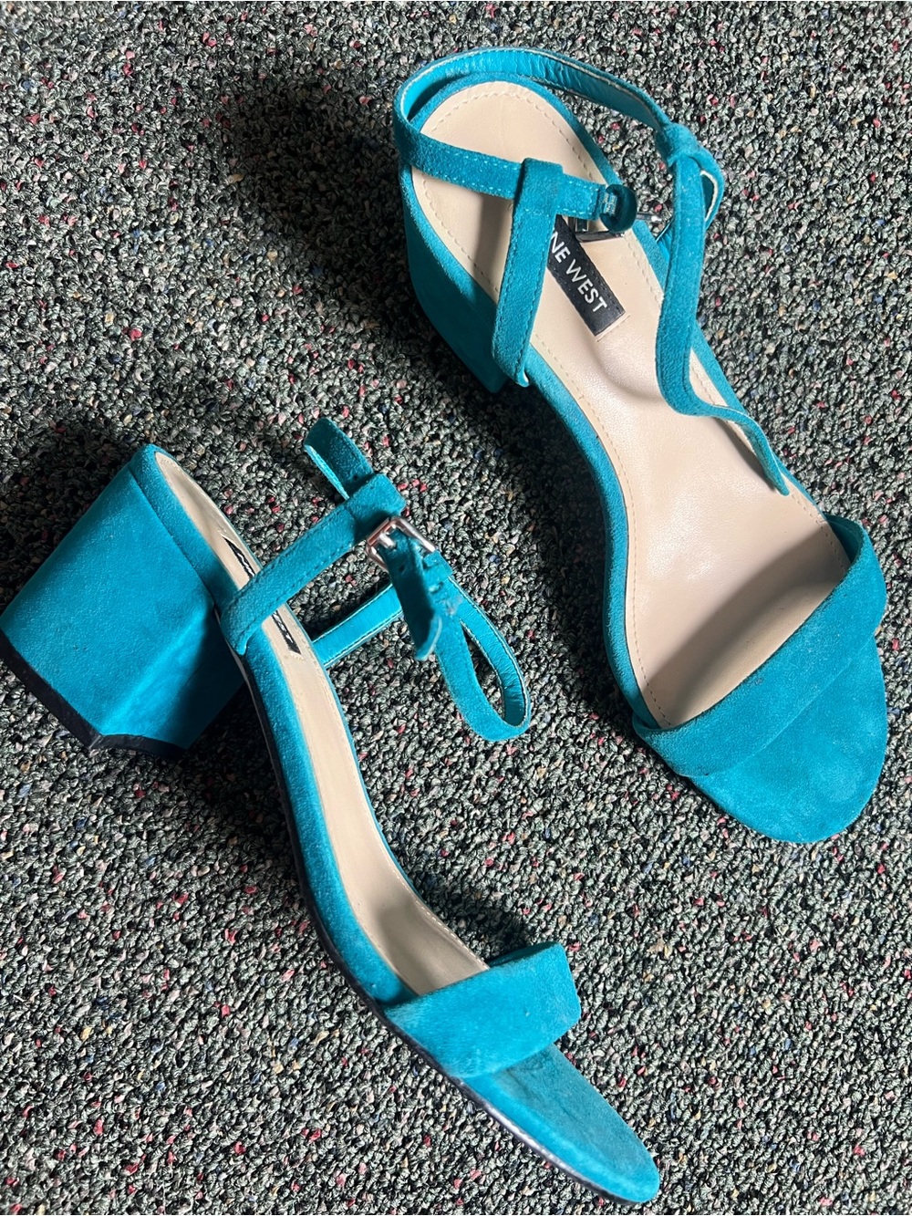 Turquoise Blue Suede Strappy Block Comfy Heels Sandal Leather Shoes Sz 9